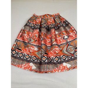 Beulah Style Orange Geometric Floral Pleated Midi Skirt CS8139 Womens Medium